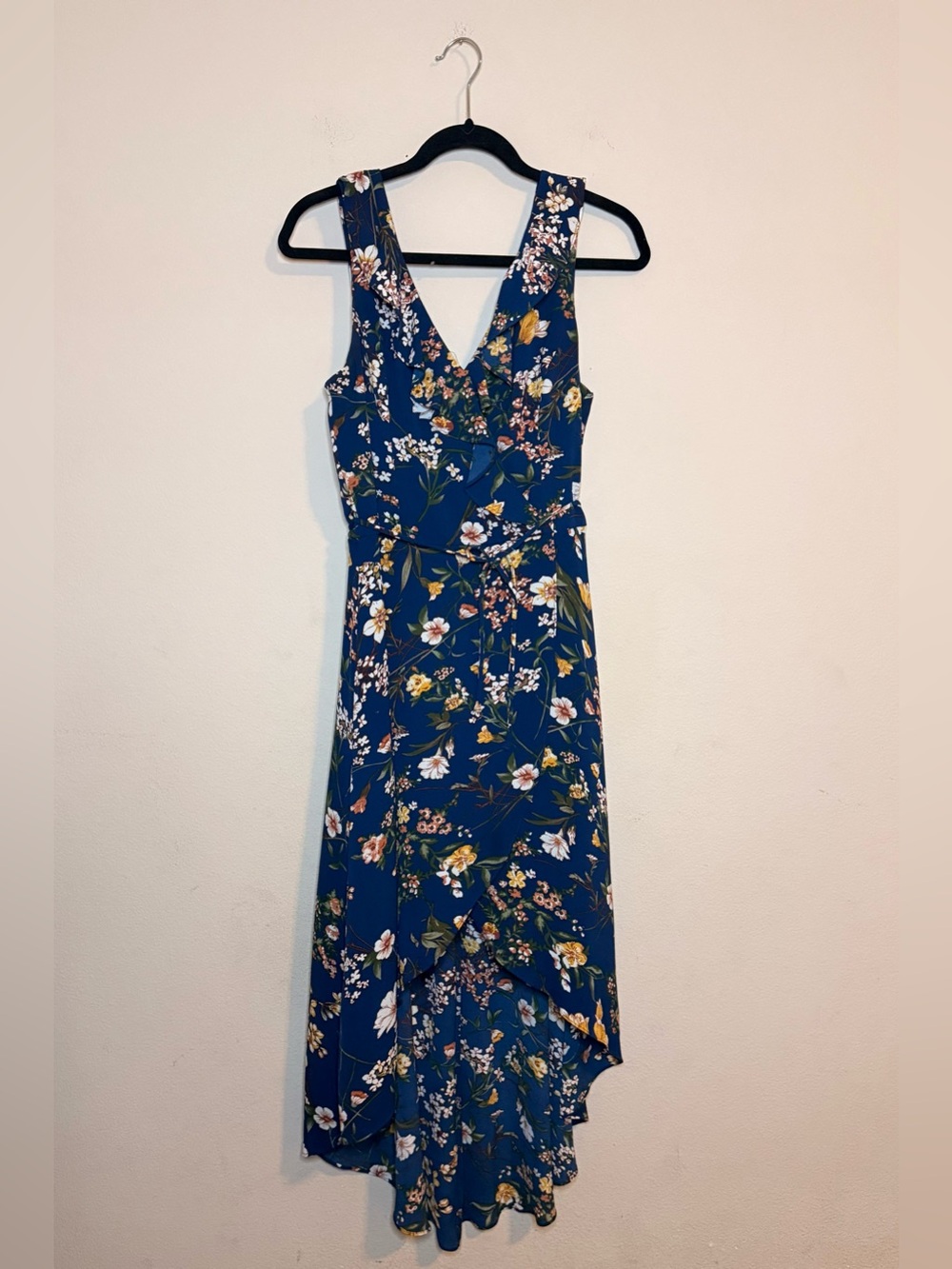 BCX High Low Ruffled Wrap Dress Navy Blue Floral Printed